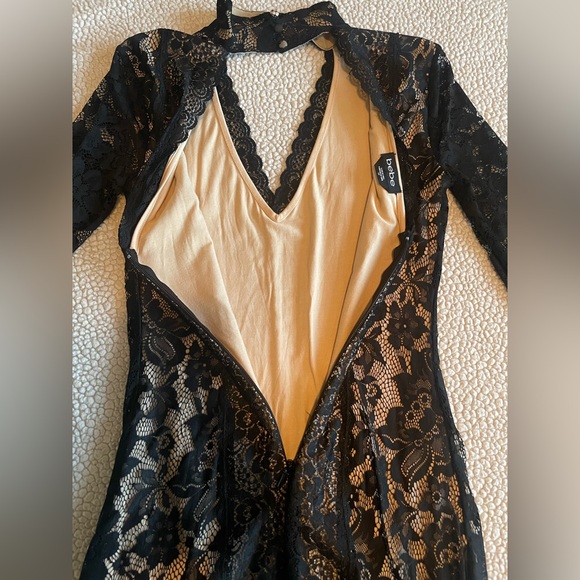 bebe Black Lace Nude Lined Choker Plunge V Long Sleeve Mini Dress Small - Picture 8 of 10
